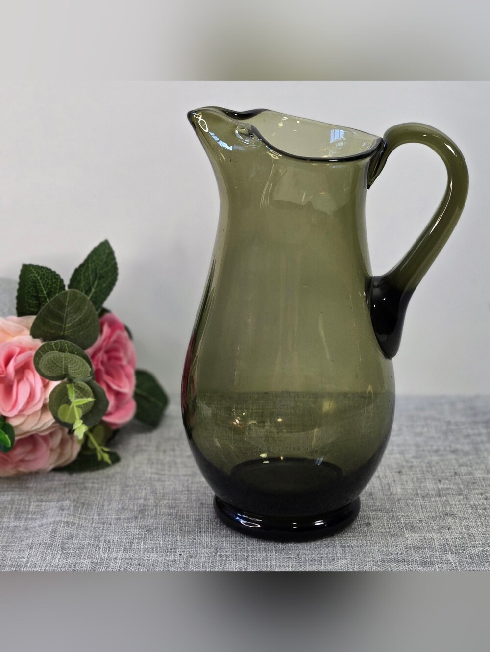 Vintage MCM Smoked Olive Green Glass Water Juice Cocktails Pitcher Hand Blown